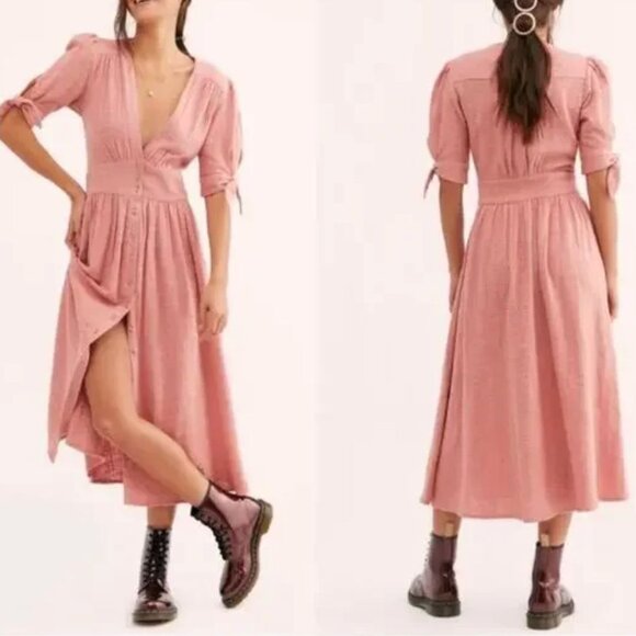 Free People Med Love of My life Midi Dress Pink Textured Button Cottage Praire - Picture 1 of 15